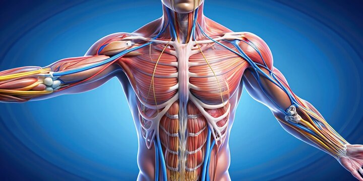 A detailed anatomical illustration revealing the complex network of muscles, tendons, and veins in the upper body, against a serene blue backdrop.
