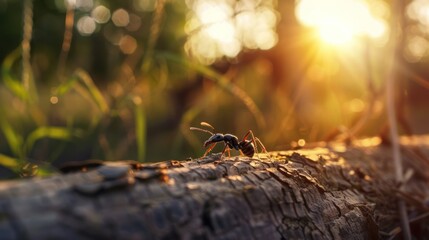 A small black ant is standing on a log in a field