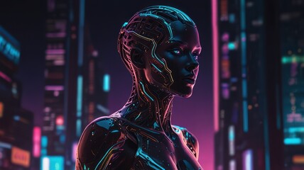 A futuristic android woman with glowing circuitry on her face and body, set against a neon cityscape background.
