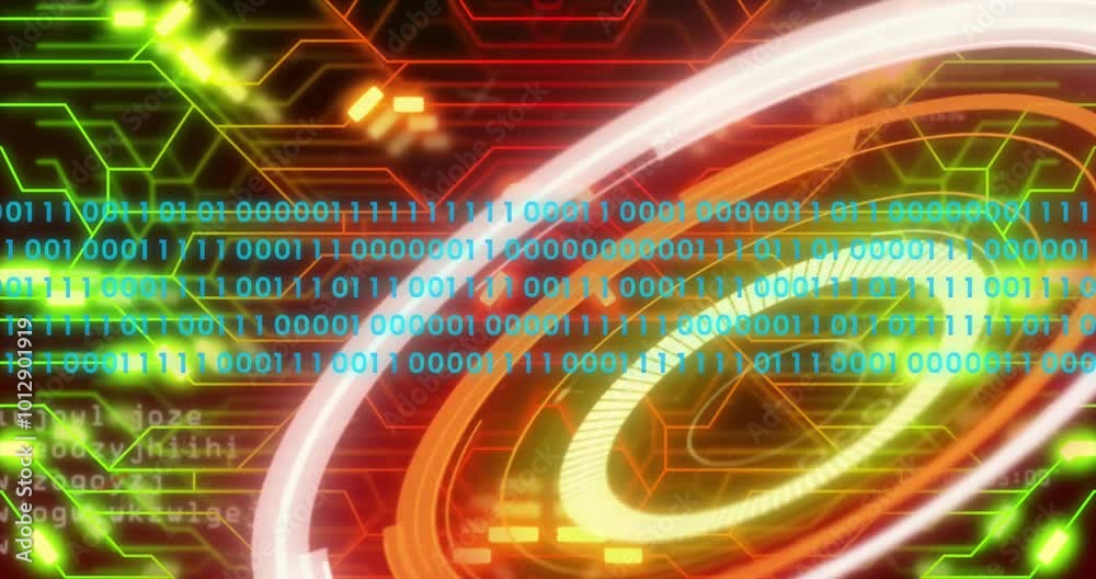 Poster animation of scope scanning with data processing over computer circuit board on black background