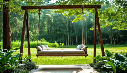 A wooden swing hanging from a tree in an environment full of trees and plants