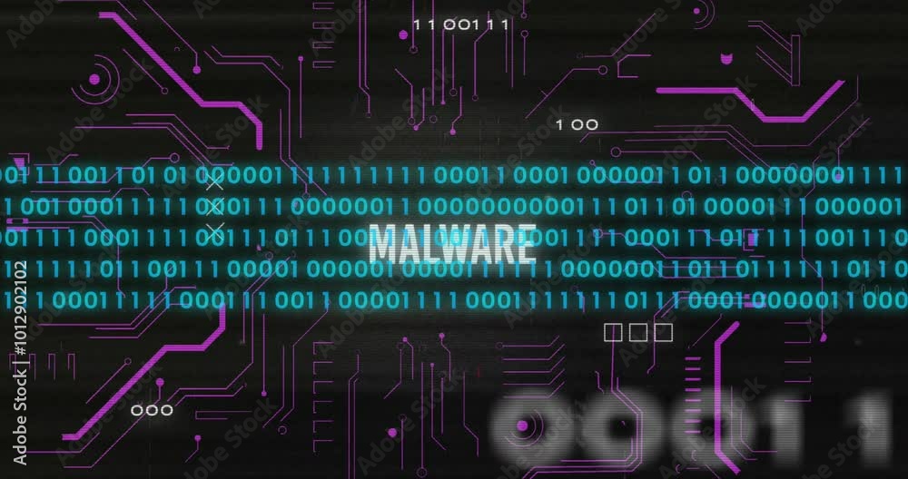 Aufkleber animation of malware text with computer circuit board over data processing on black background