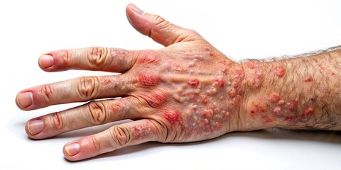 Close-up of a hand with a red, inflamed rash and numerous bumps covering the skin.