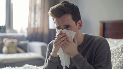 A man is sitting on a couch with a tissue in his hand, wiping his nose