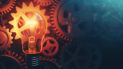 A light bulb is surrounded by gears and is lit up