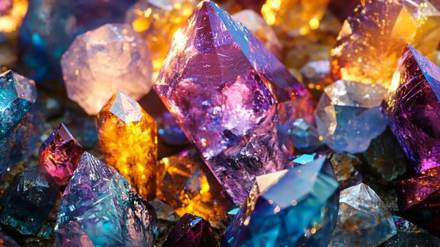 A close-up of colorful crystals, shimmering in the sunlight