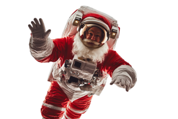 An astronaut in a Santa suit floats in space, blending Christmas cheer with the vastness of the universe.