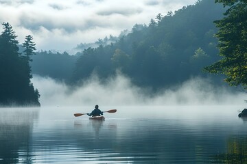 Fototapeta premium Solo Kayaker Paddling Through Misty Lake Surrounded by Forest