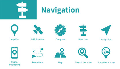 Navigation icon. Set of solid vector symbols on the theme of location, maps, GPS satellites, directions, map pin. © icon