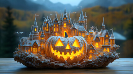 Obraz premium Carving tools in action, creating a spooky jack-o-lantern, intricate details captured in a close-up vector papercut style