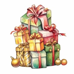Colorful stack of beautifully wrapped holiday gifts with festive ornaments.