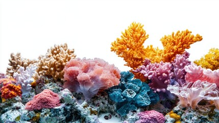 Close-up of colorful coral formations in a tropical reef, isolated on white