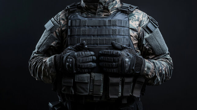 A man in a military uniform is wearing a black vest and gloves