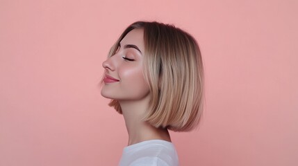 Stunning Profile Portrait of a Woman Against a Soft Pink Background