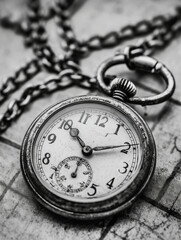 A vintage pocket watch with a chain hanging from it