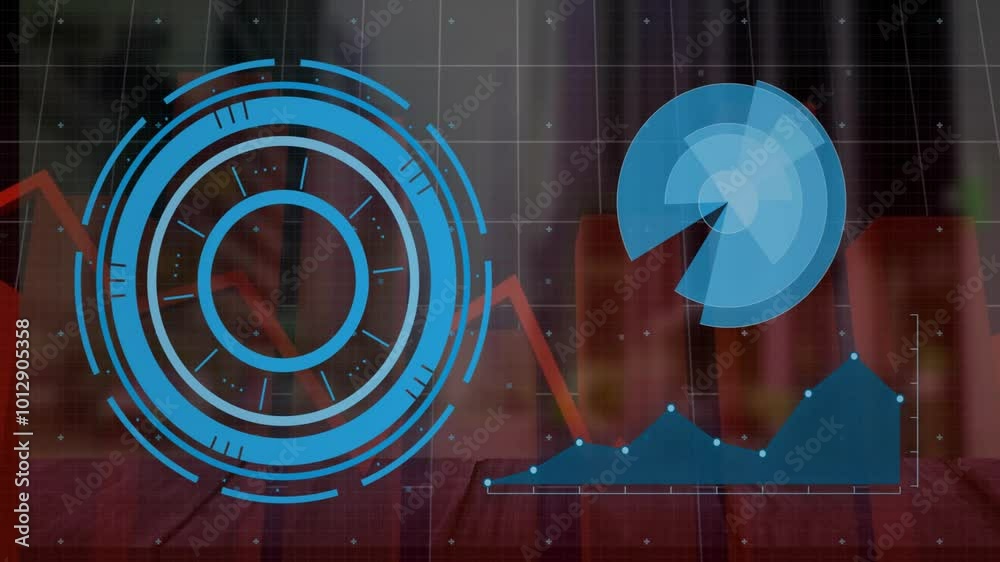 Poster animation of scope scanning with data processing over cityscape