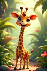 Fototapeta premium A cute baby giraffe smiles curiously at a blurred picturesque background