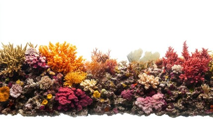 Diverse coral reef ecosystem featuring soft and hard corals, isolated on white