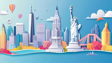 Naklejka premium USA travel vector illustration. American city famous landmark background in paper cut art style.