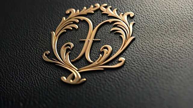 A gold letter F in a decorative wreath, on a black textured background