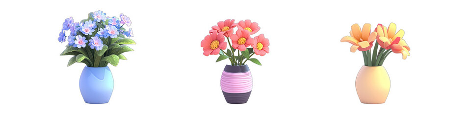 A Bouquet of Flowers in a Vase in Cartoon Style. Isolated on a Transparent Background. Cutout PNG.