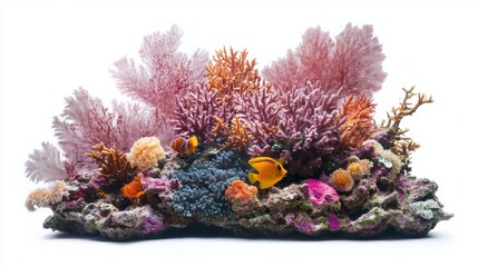 Stunning tropical coral reef with various marine plants and fish, isolated on a white background