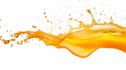 Vibrant orange liquid splash frozen mid-air, with scattered droplets. The motion and texture of the liquid are dynamic, contrasting against a clean white backdrop.