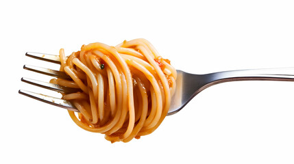 Spaghetti Wrapped Around Fork with Tomato Sauce - A close-up of spaghetti neatly twirled around a fork, coated in a rich tomato-based sauce.