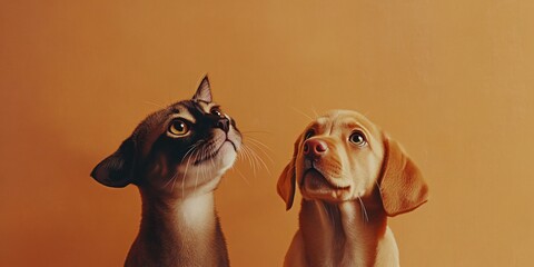 A curious cat and dog look up at something off-camera,  on a neutral background.