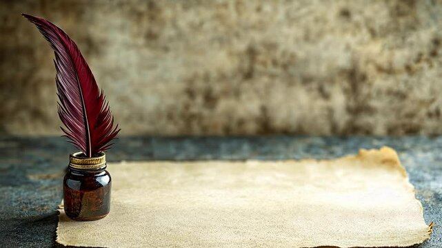 A red quill pen rests in an inkwell on a piece of parchment paper, ready to be used for writing