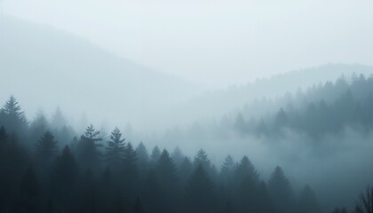 Fototapeta premium Atmospheric fog background with soft gray mist enveloping a tranquil forest landscape, creating a mystical vibe