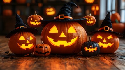 Excited children in Halloween costumes ringing a doorbell, a glowing pumpkin in the background, cartoon vector 3D animation