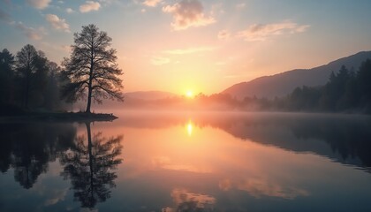 Fototapeta premium Calm lake reflection background with serene water mirroring tree silhouettes at sunset creating a soothing atmosphere