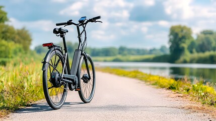 Obraz premium Electric bike journey through picturesque landscapes, vibrant greenery, winding paths, serene atmosphere, sustainable commuting experience