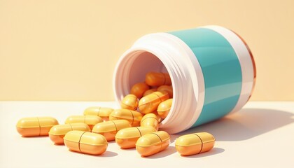 Close-up of zinc capsules spilling from a bottle in a cheerful cartoon style with bright colors promoting health support