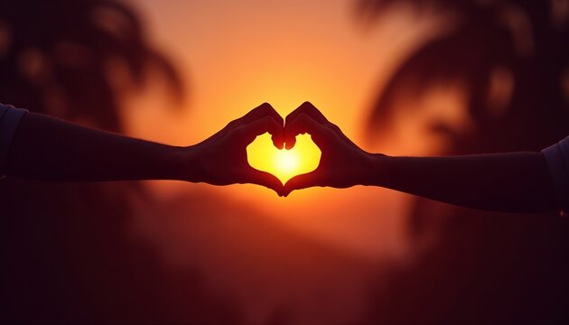 Silhouettes of hands forming a heart shape against the sunset, connected by little fingers in a romantic atmosphere