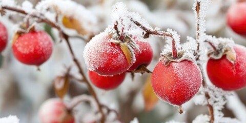 Red rose hips with frosting in the garden.