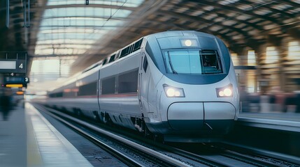 Fototapeta premium High-speed train approaches a sleek modern station, commuters eagerly awaiting arrival, dynamic urban atmosphere, advanced transportation hub