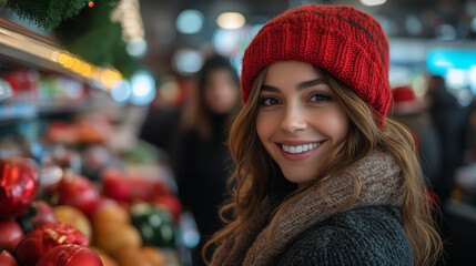 Smiling woman in red beanie shopping for produce in grocery store