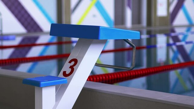 Diving ramp with number equipped with step for easy climbing. Modern swimming pool with springboards for training of swimmers of different levels