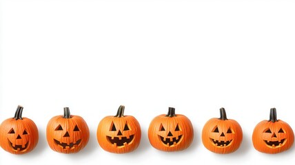 A row of playful, smiling Halloween pumpkins against a clean white background, perfect for festive decorations and seasonal themes.