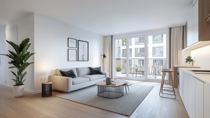 Fototapeta premium A modern, airy living room with natural light, a comfortable sofa, stylish décor, and easy access to a balcony surrounded by greenery.
