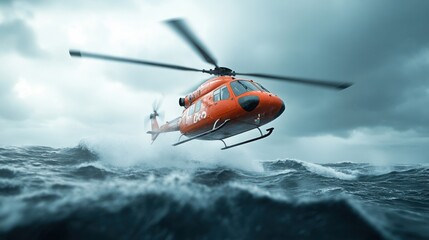 Fototapeta premium Helicopter flying over turbulent ocean waves under stormy sky, dramatic scene.