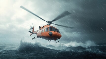 Helicopter flying over turbulent sea during stormy weather