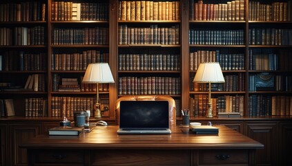 Library Desk with Laptop and Books