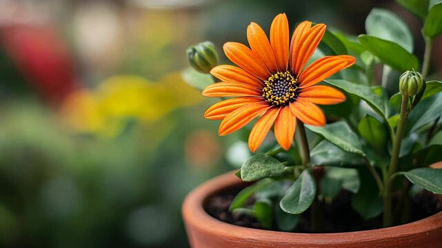 A bright orange flower blooms in a terracotta pot, surrounded by green leaves