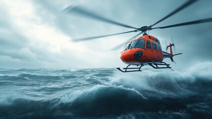 Rescue helicopter flying above turbulent ocean waters.