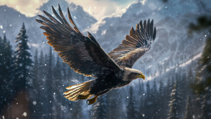 Obraz premium Bald Eagle Flying Through Snowy Mountains with Forest Backdrop