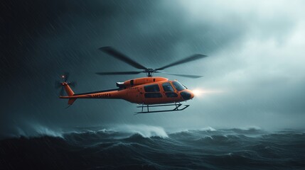 Rescue helicopter flying over stormy ocean, dramatic skies, focused spotlight.