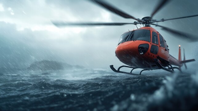 Rescue helicopter above turbulent sea during stormy weather, dramatic sky and waves.